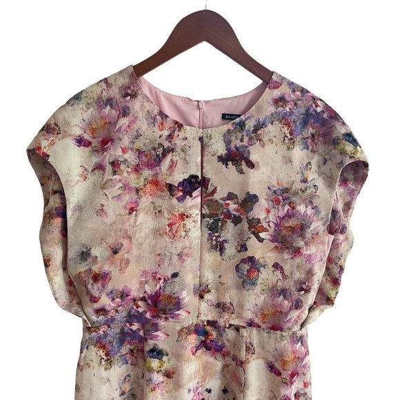 Black Halo Yoomi Floral Cap Sleeve Sheath Dress Watercolor Floral Blush Size 12 - Picture 6 of 16